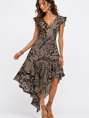 Chiffon Flowy Tan/Black Print Ruched Flounce Asymmetrical Romantic Pretty Sz  6